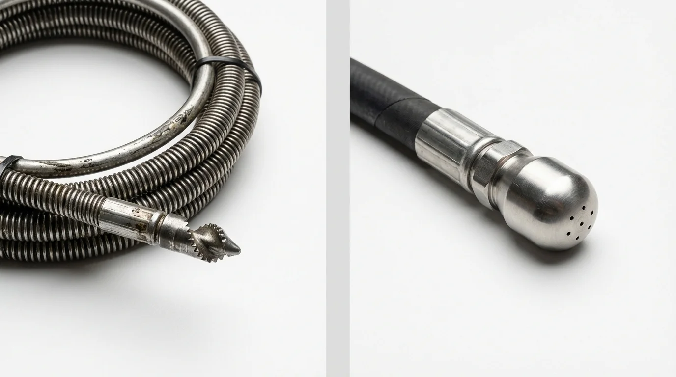 Drain snake cable and hydro jetting nozzle used for drain cleaning in Akron, PA