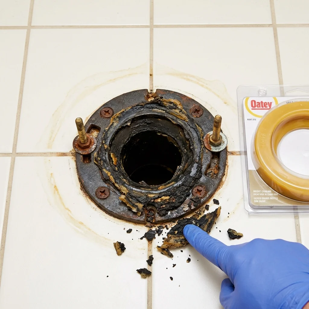 Failed wax ring showing water seepage at the base of a toilet in a Akron, PA home