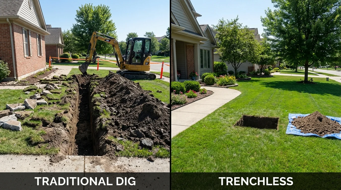 Trenchless sewer repair with minimal yard damage versus traditional excavation in Akron, PA