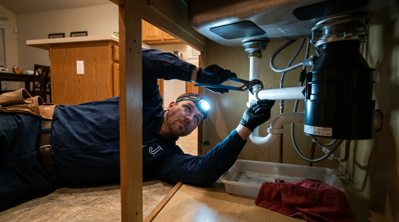 P-trap and supply line connections under a kitchen sink showing a common leak point in Akron, PA